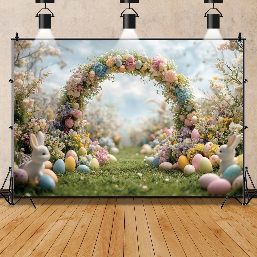سعيد عيد الفصح موضوع الربيع الملونة البيض أرنب قوس الباب زهرة حفلة عيد ميلاد خلفية الطفل صورة التصوير الخلفية