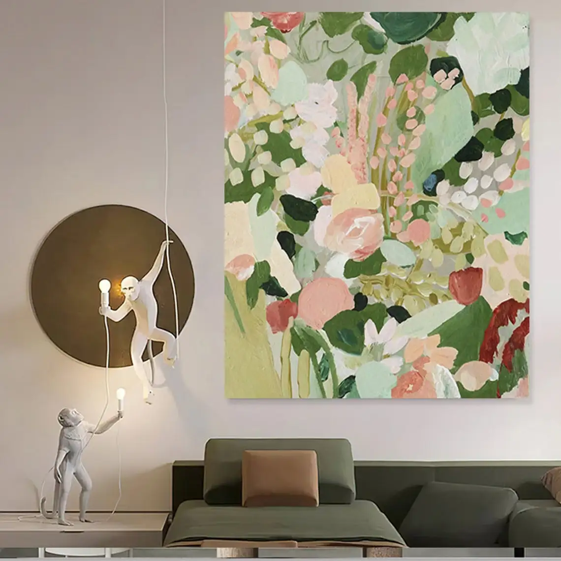 Abstract Green Flowers Oil Painting on Canvas Large Modern Floral Texture Acrylic Painting Boho Living Room Wall Art Home Decor