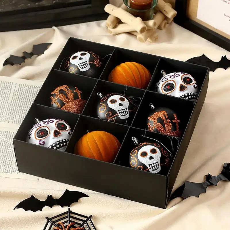 

Spooky Halloween Pendant 9pcs Halloween Tree Ornaments Skulls And Pumpkins Pattern Ball Shatterproof 2024 Halloween Supplies