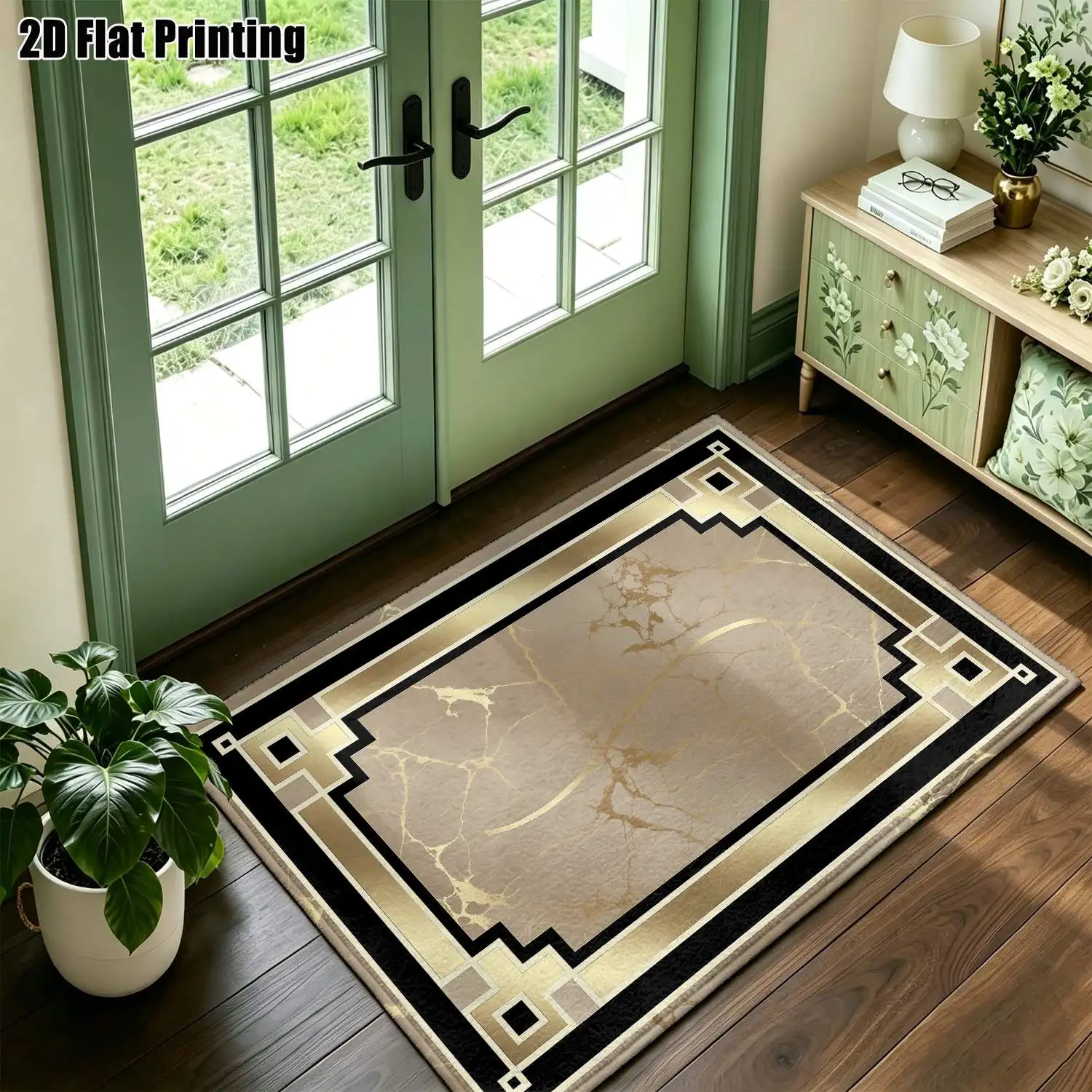 1Pc 2D Printed Carpet with Gold Marble Geometric Border European, Modern Minimalist, Retro Geometric Striped Style, Home Decor, Multi-Size, Machine Washable, for Entrance, Dining Room, Foyer, Bedroom, Living Room.