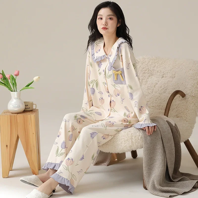 New Sanrio HelloKitty pajamas women\'s autumn cotton short-sleeved trousers round neck loungewear cartoon suit silk pajamas women