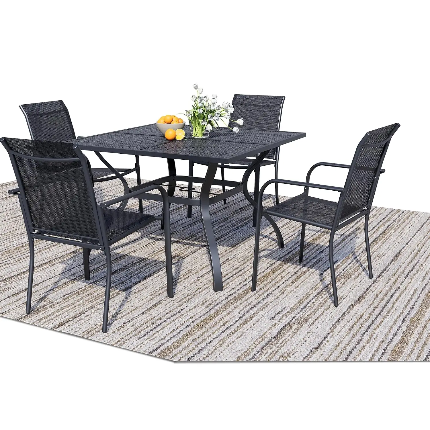 5-Piece Patio Table & Chair Set, 4 Stackable Outdoor Chairs & 1 Mesh Metal Table, Garden Furniture, Customized