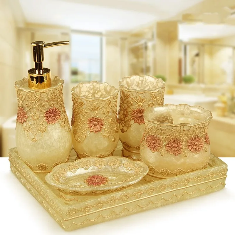 Resin Bathroom Set Toiletries Wash Five Piece with Tray Mouth Cup Toothbrush Holder Lotion Bottle  Toilet Brush Tissue Box