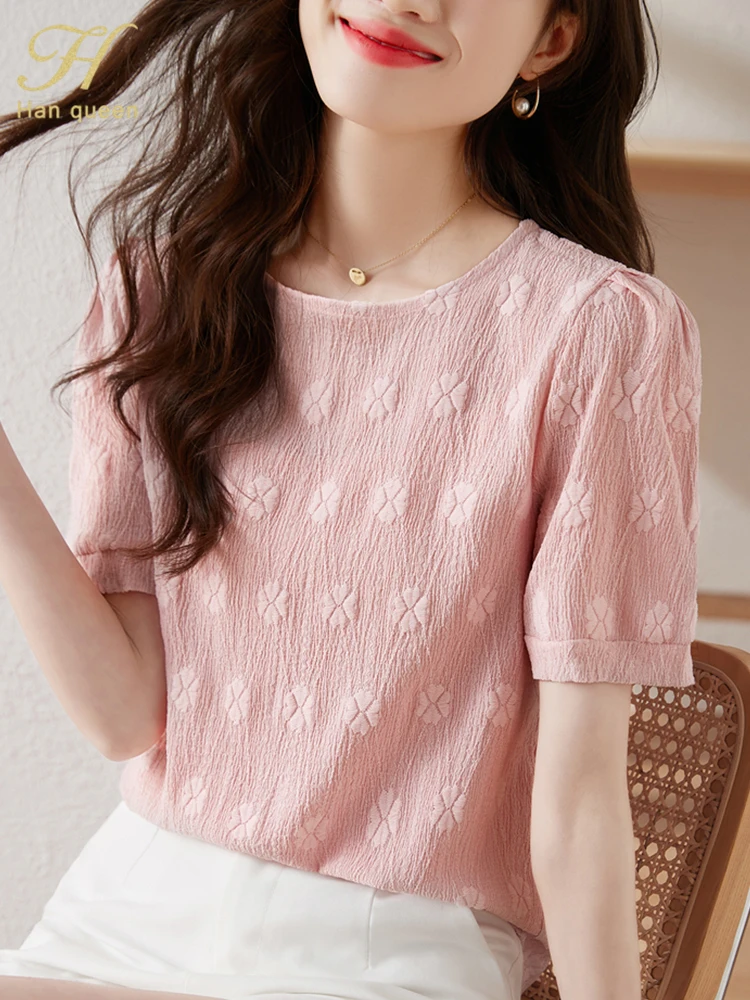 H Han Queen Summer Blouse Youthful Woman Clothes Simple Office Short Sleeve Shirt Vintage Casual Tops Korean Loose Blouses Women