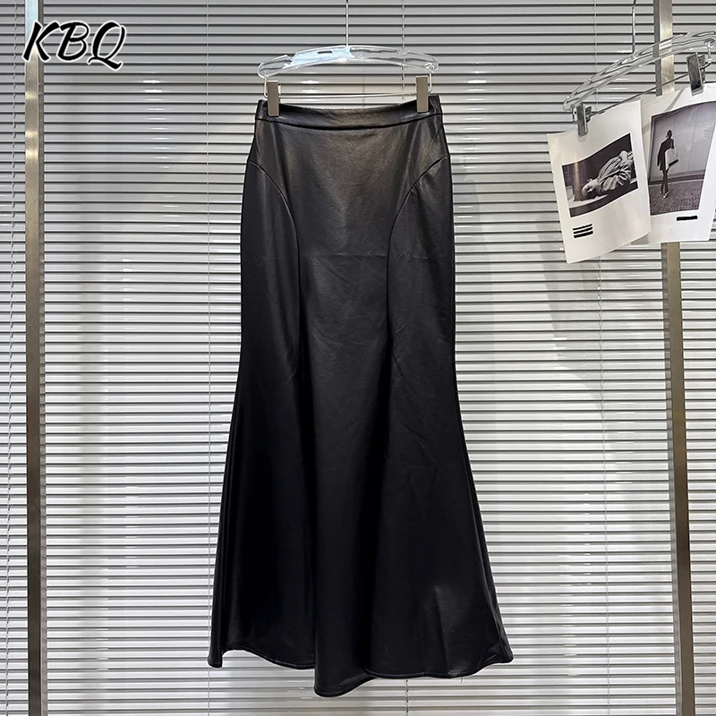 Kbq sólido minimalista imitação de couro tecido sereia saia para mulheres cintura alta temperamento saia longa estilo moda feminina novo