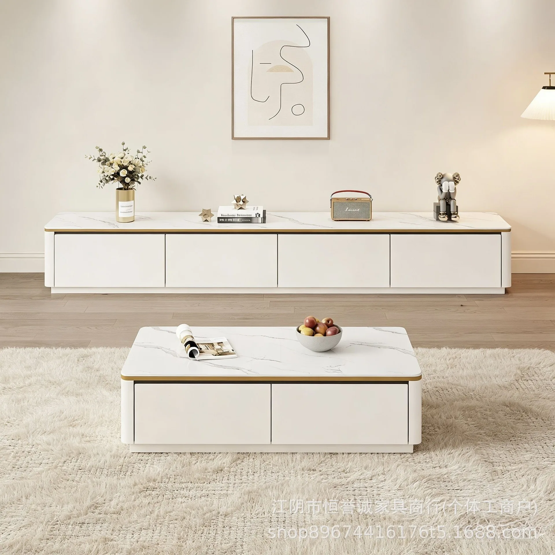 Full solid wood coffee table, TV cabinet, sintered stone cabinet combination, small apartment with downward sliding door storage
