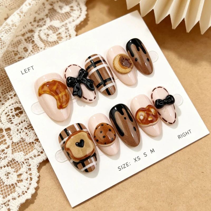 30pcs Press on Nails Fall Winter Style 3D Bow Checkered Almond Shaped False Nails Perfect for Girls or As A Gift for Friends