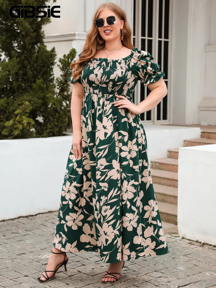 

GIBSIE Plus Size Square Neck Floral Print Puff Sleeve Dress Women Summer 2024 Vacation Beach Bohemian Swing Long Maxi Dresses