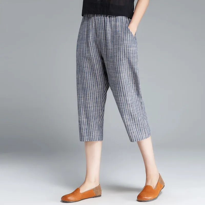 Calça feminina confortável reta de linho de algodão, simples listrada elástica, cintura alta solta, moda casual, verão