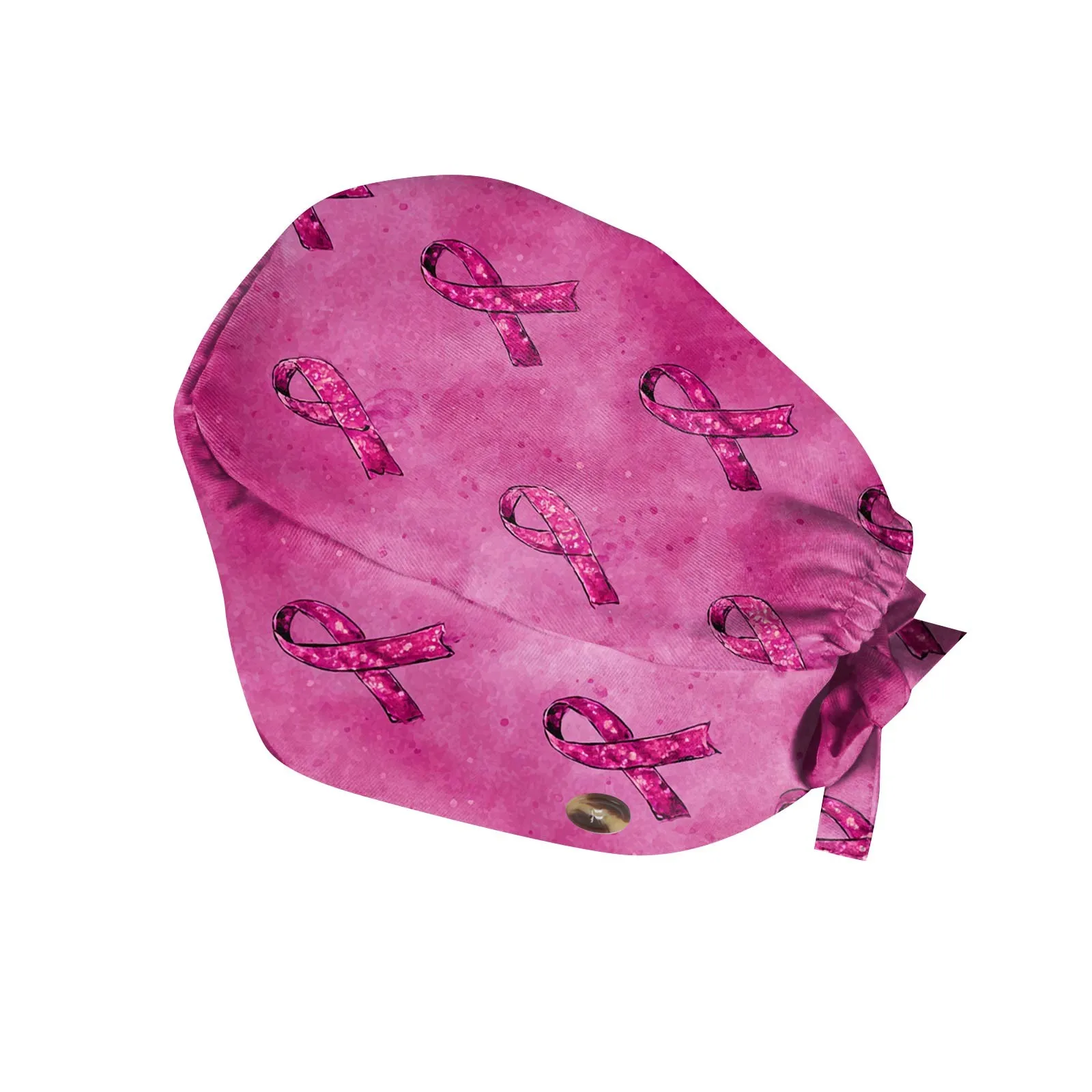 หมวกพิมพ์ลายริบบิ้นสีชมพู หมวกสครับแบบปรับได้ หมวกทำงานร้านเสริมสวย หมวกห้องปฏิบัติการ ร้านขายสัตว์เลี้ยง หมวกพยาบาลแบบมีกระดุม