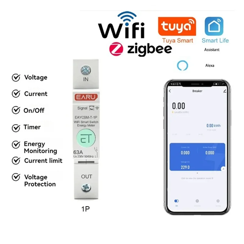 B04B-1P TUYA APP WIFI 계량 보호기 스마트 에너지 전력 소비 Kwh 미터 회로 차단기 시간 릴레이 스위치