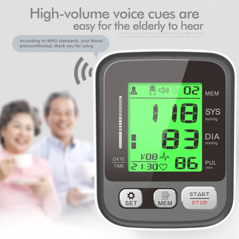 JYouCare Medical Digital Lcd Upper Arm Blood Pressure Monitor cuffs Home Heart rate Meter Tonometers Large cuff Voice Automatic