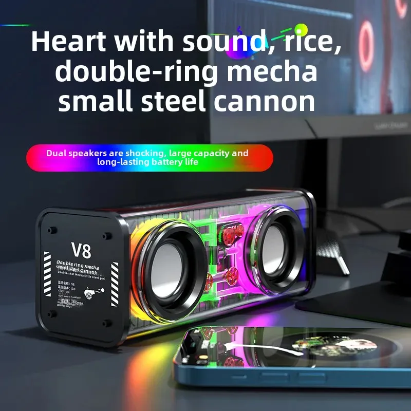 Creative Transparent Mecha Bluetooth Speaker V8 Colorful Light Dual Subwoofer Small Steel Cannon Low Bass Series Gift Sound