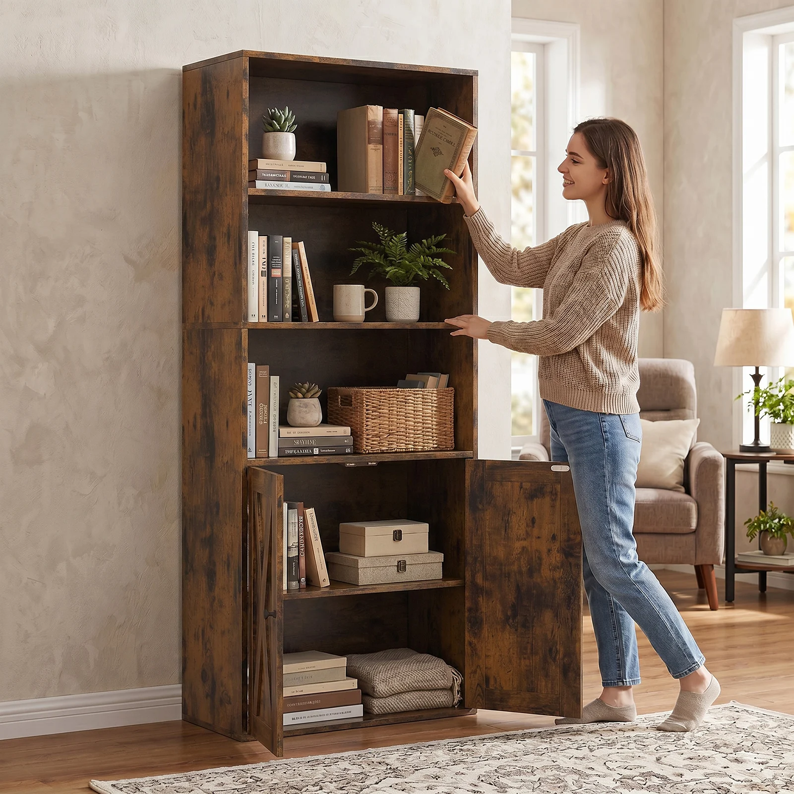 59.7 Inch Tall Industrial Bookshelf Wood 5 Tier Retro Bookcase Freestanding Display Bookshelf w 2 Doors for Bedroom Living Room