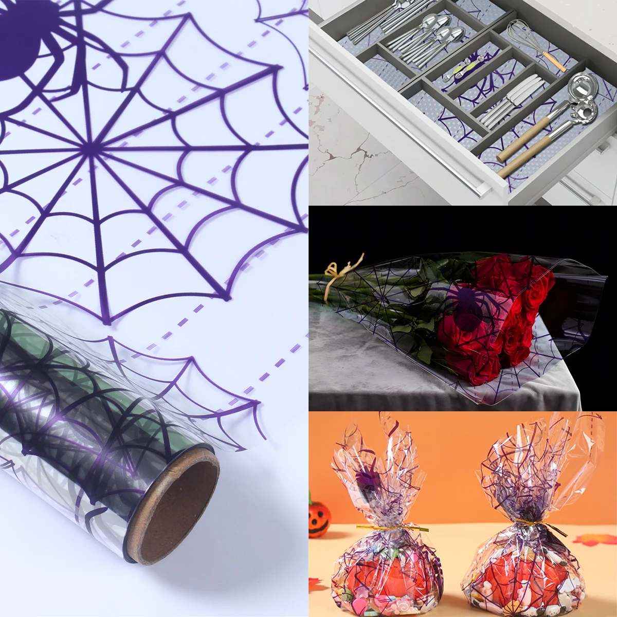 Halloween Gift Wrapping Paper Spider Web Pattern Cellophane Wrap Roll Gift Box Packaging Paper for Halloween Decoration 2024