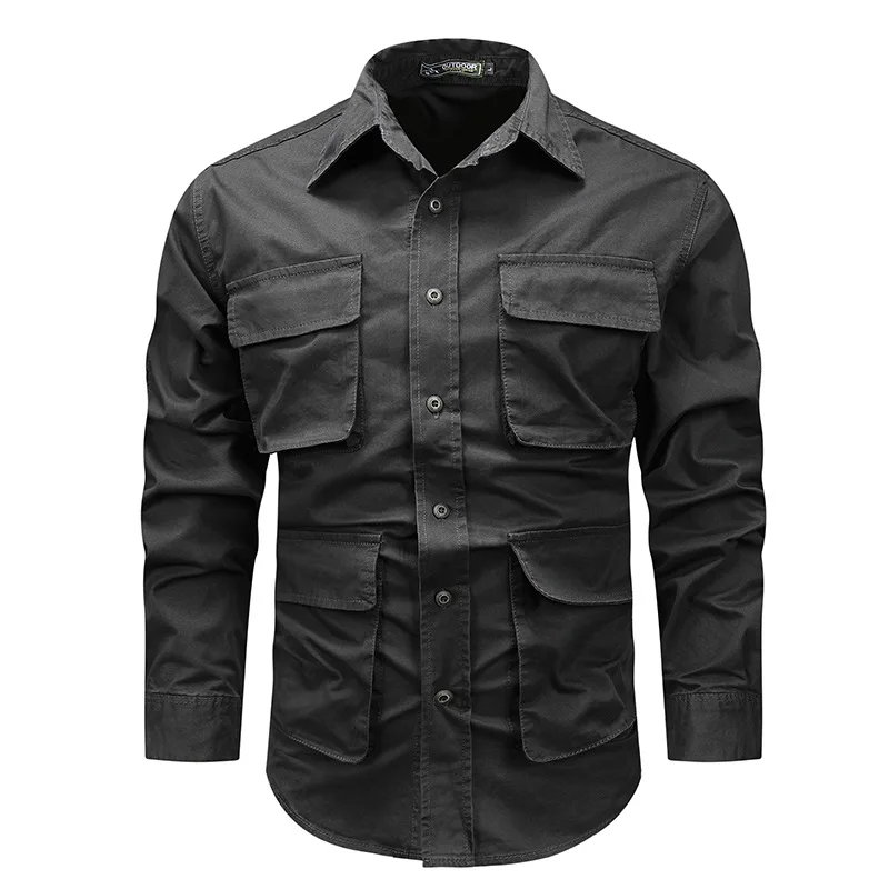 Men Long Sleeved Multi Pockets Cargo Shirts High Quality Man Outdoor Loose Tooling Shirts New Spring Male Cotton Shirts Size 5XL