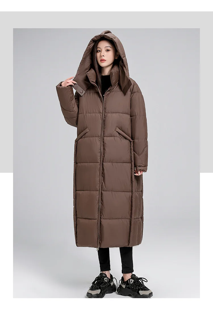 

Women Mid-Length Hooded Snow Parka Winter Padding Coat Oversized Stand Neck Hooded Zipper Warm Outerwear Knee Length Down Jacket