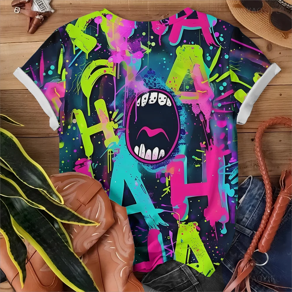 เสื้อยืดผู้หญิงลายกราฟฟิตี้นีออนลายปากการ์ตูน - สไตล์หนาแฟชั่นลำลองสบายแขนสั้นคลาสสิก Y2K สตรีทแวร์