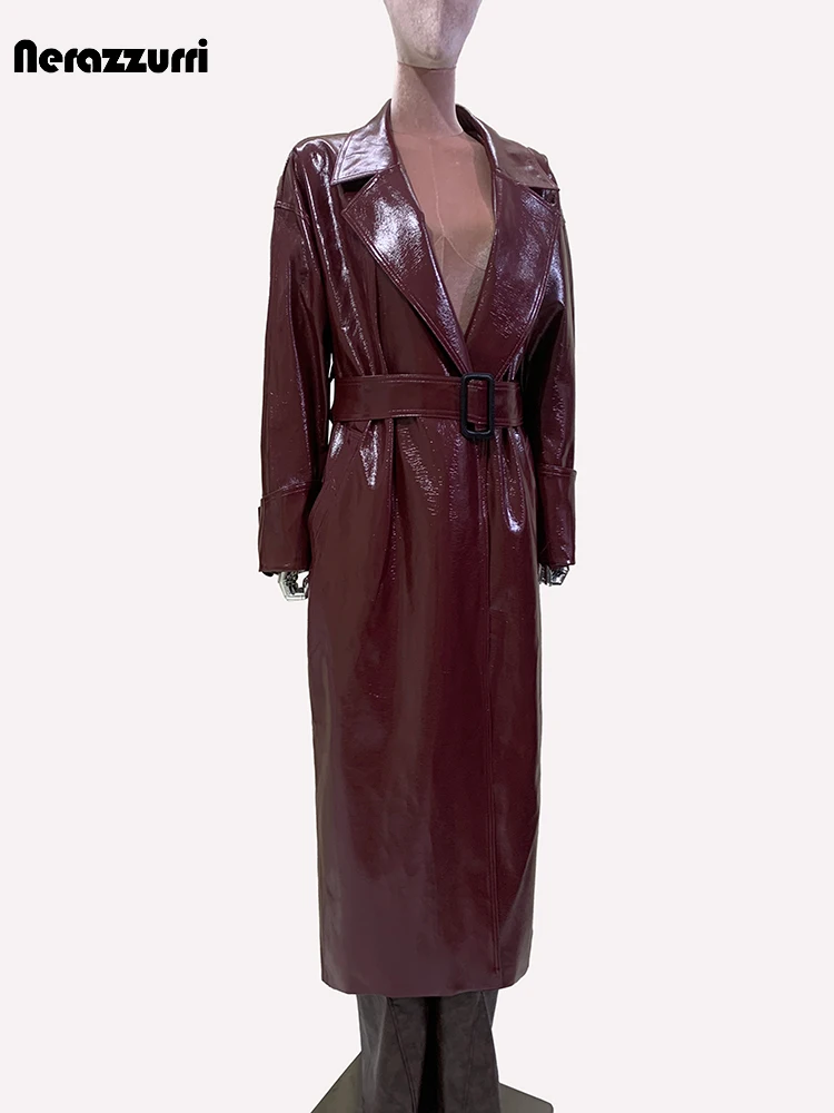 Nerazzurri Spring Autumn Oversized Extra Long Burgundy Pu Leather Trench Coat for Women Belt Elegant Luxury Designer Overcoat