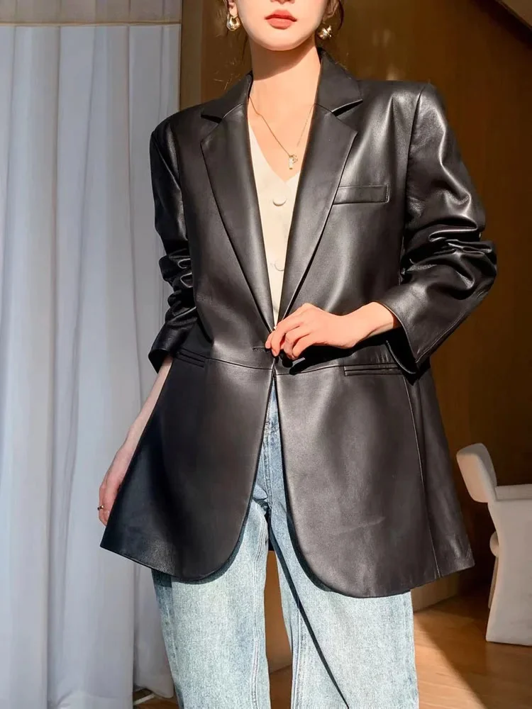 معطف جلد الغنم بطبقة علوية للنساء بدلة بزر واحد وياقة خلفية 100% ملابس جلدية كبيرة الحجم ليندا بيج رمادي Ceket