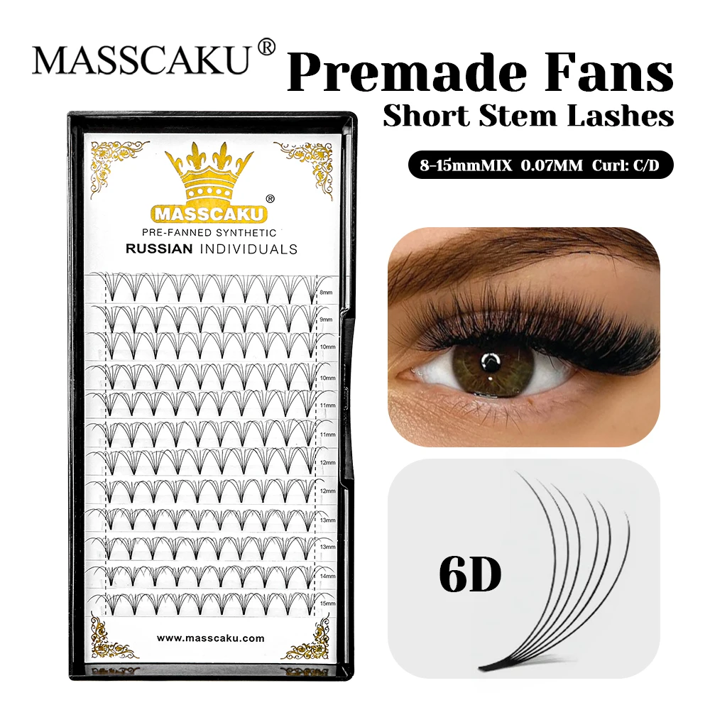 

Hot Sale MASSCAKU C D Curl Waterproof Short Stem Premade Volume Fans Eyelash Lightweight Handmade Thin Root Lashes Easy to Grip