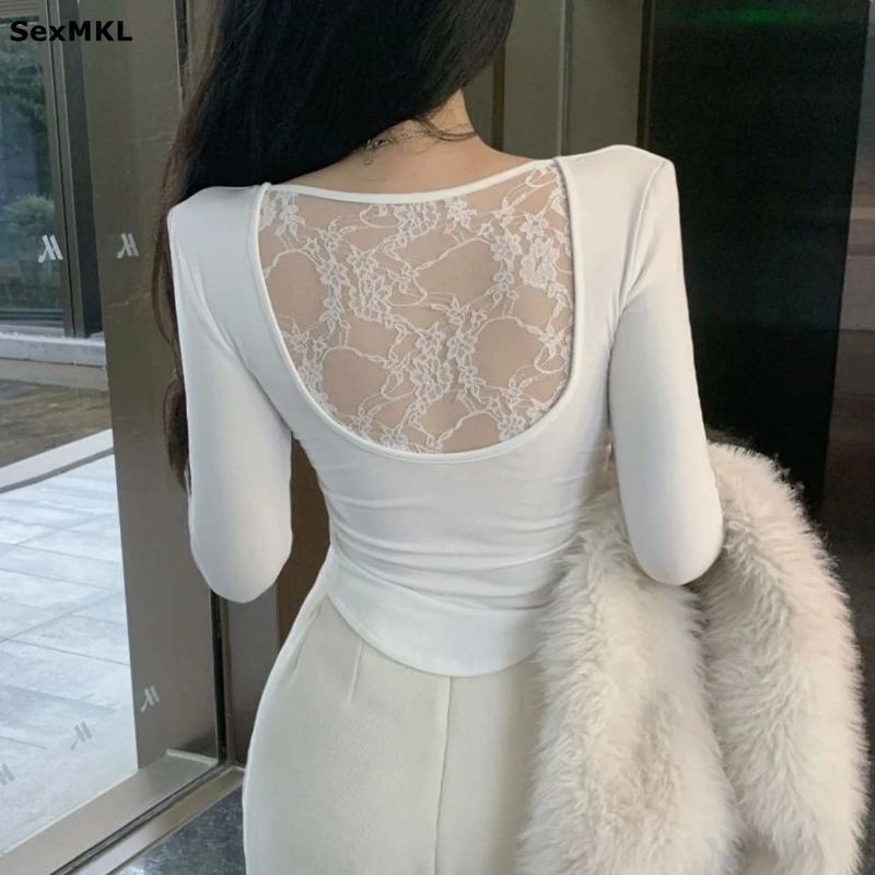 Hollow Out Lace T Shirts Women Casaul Autumn Winter Basics Long Sleeve Y2k Clothes Tshirt Slim Streetwear White Black Crop Tops