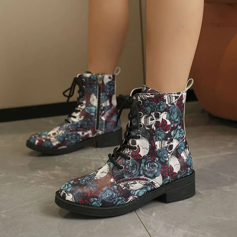 2024 Autumn Colourful Snake Print Ankle Boots Women Pu Leather Lace Up Short Boots Fashion Show Ladies Boots 35-43