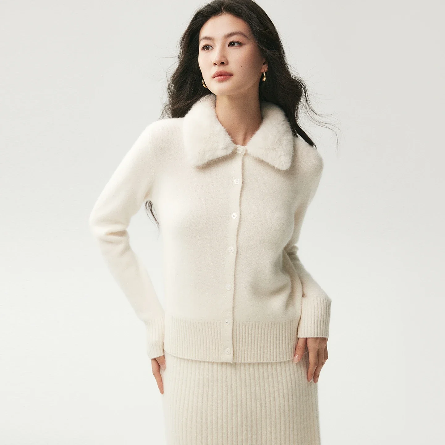 Tcyeek Women 100% Cashmere Sweater Detachable Fur Collar Cardigan Long Sleeve Thick Warm Cashmere Knitwear Coat Autumn Winter