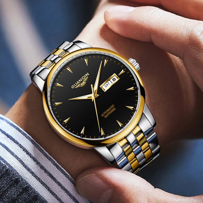 GUANQIN męskie zegarki automatyczne mechaniczne podwójne okienko kalendarza stal skórzany biznesowy rekreacyjny świecący wodoodporny zegarek na rękę