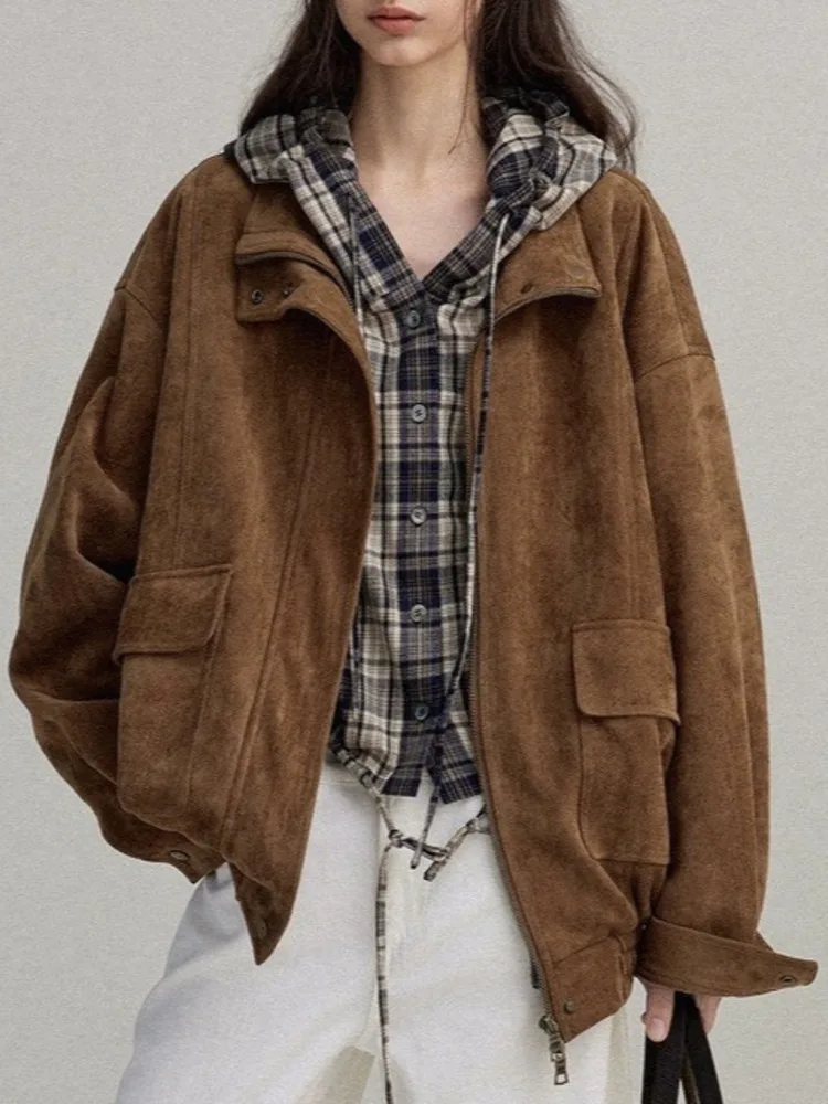 ZMEENNA veste zippée marron en faux daim pour femme avec poches vêtements d'extérieur chics et décontractés pour l'automne élégant léger ZM3788