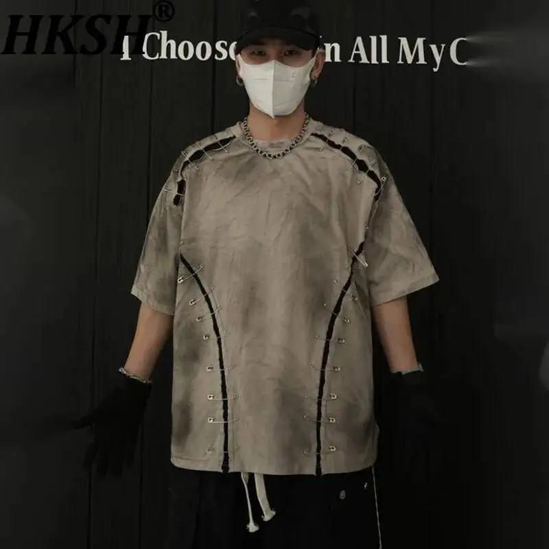 

HKSH Summer New Men Three-dimensional Cut Patchwork Frayed Edge Washed Retro Waste Land T-shirt Raglan Short-Sleeve Tees HK22187