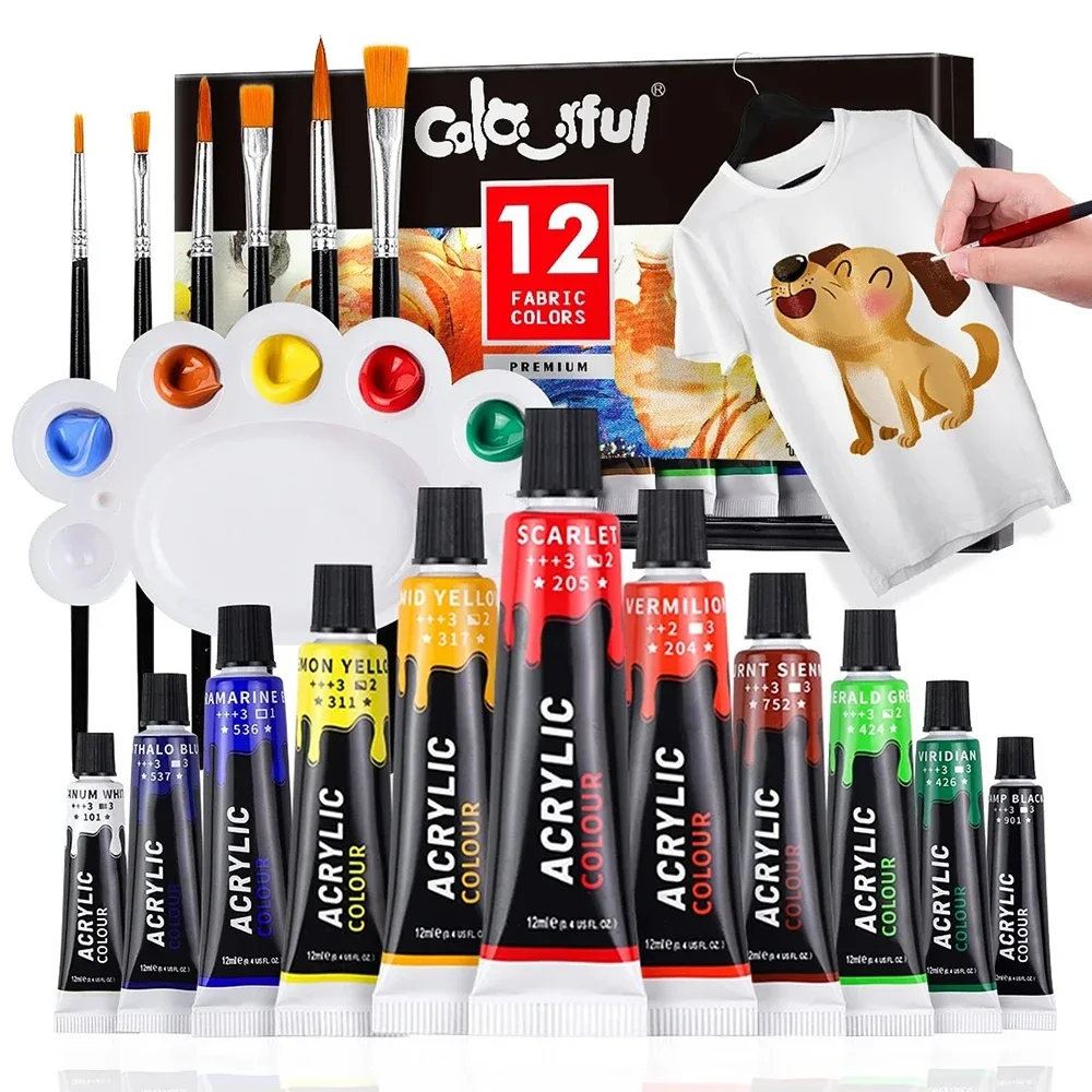 12/24 Colors Fabric Paint Set for Clothes with 6 Brushes, 1 Palette Permanent Textile Puffy Paint Kit for Shoes, Canvas，trapping