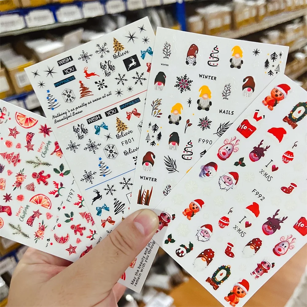 1개 3D 겨울 사슴 네일 아트 스티커 산타 펭귄 눈송이 매니큐어 장식 트리 진저브레드맨 눈 축제 크리스마스 네일 데칼*