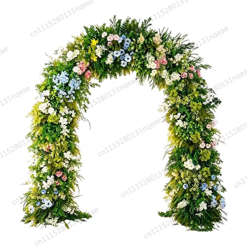 Artificial Macaron Blue Blush Flower Green Leaf U-Shaped Wrought Iron Arch Wedding Stage Decoration Adjustable Flower Stand