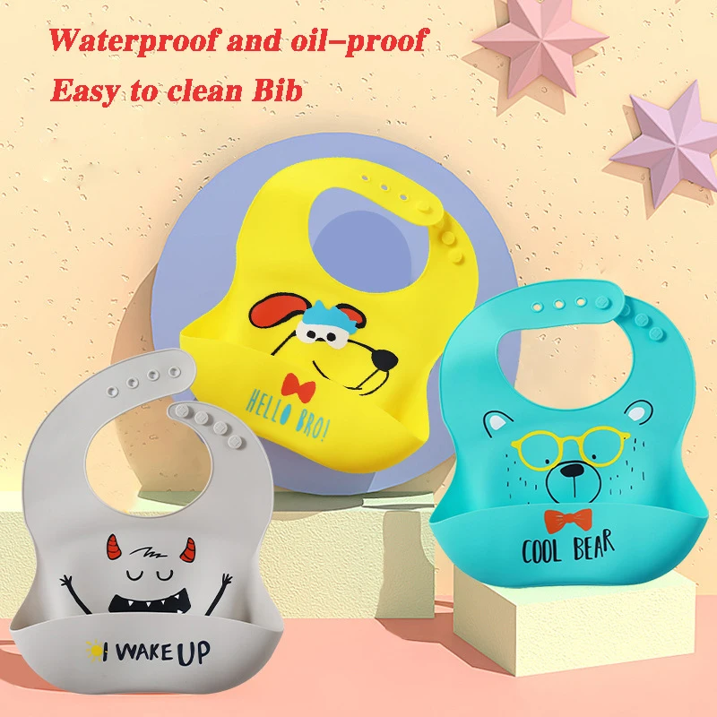 Cute Baby Bibs Waterproof Silicone Bib Infant Toddler Feeding Saliva Towel Cartoon Adjustable Children Apron with Pocket Scarf