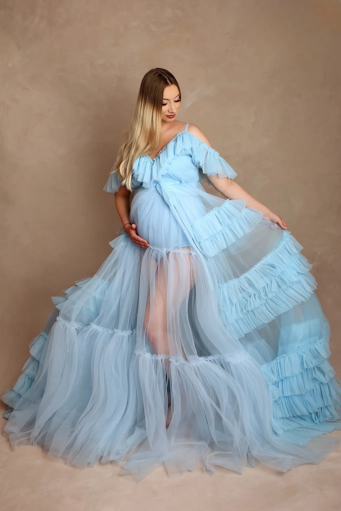 Illusion Sky Blue Maternity Dress for Photography Tiered Ruffled Tulle Robes with Lining Shooting Babyshower Photo Dressing Wear