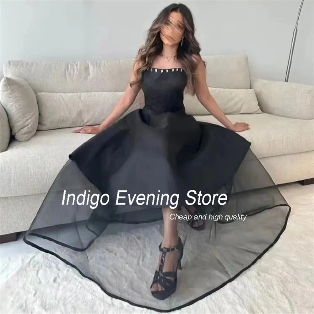 Indigo Elegant A-Line Prom Dresses Strapless Sleeveless Satin Beading Open Back Evening Gown Women Robes De Soirée Customized