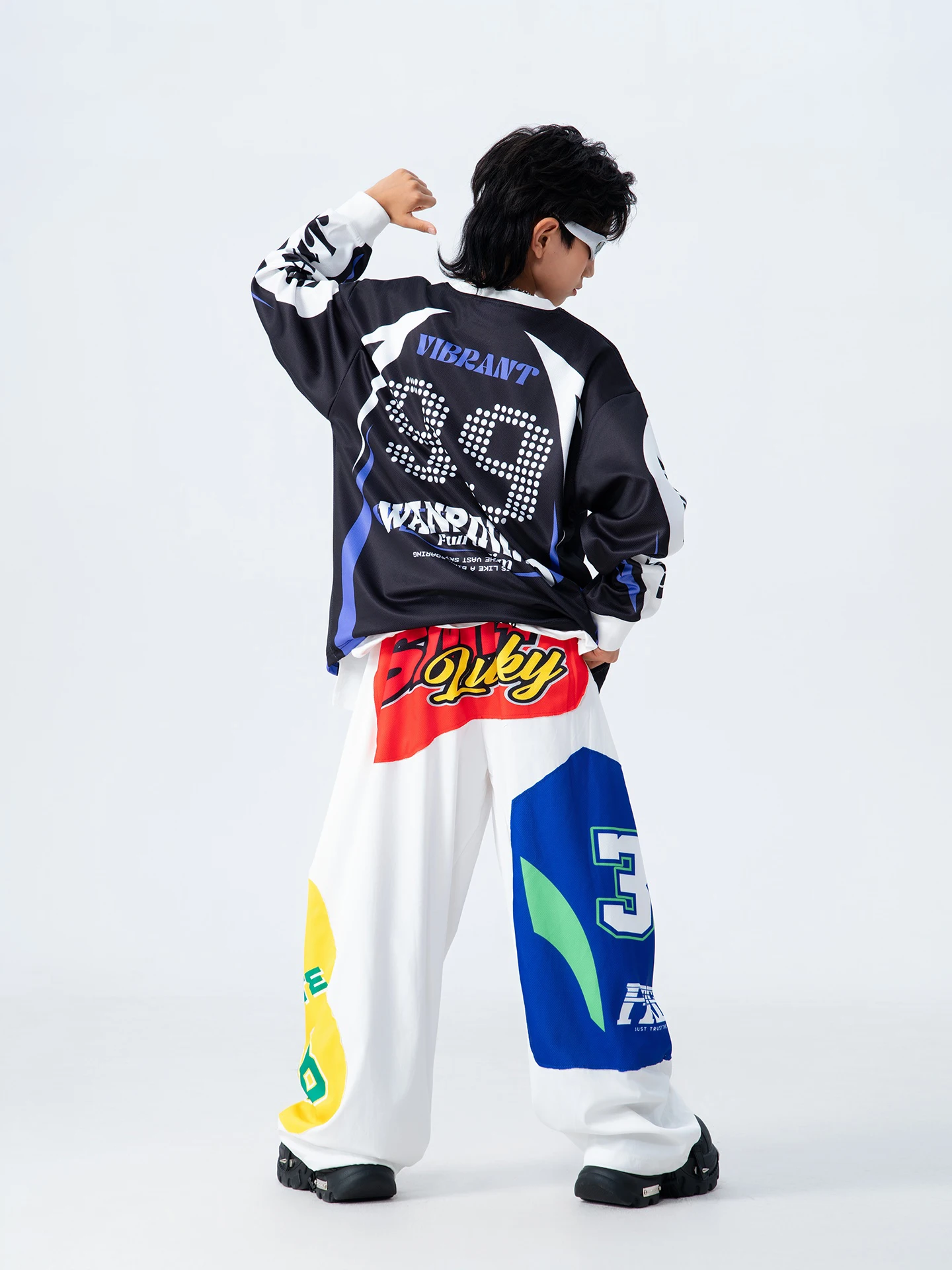 2025 الأطفال الهيب هوب أزياء رقص للبنين قمصان فضفاضة الهيب هوب السراويل الفتيات الشارع الشهير الحديثة أداء الجاز الزي DQS20857