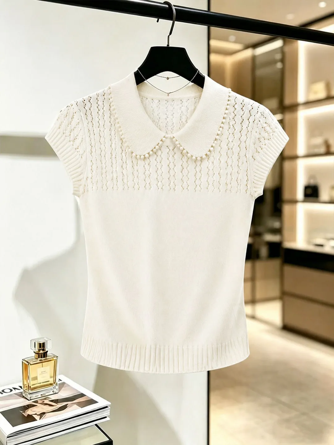 

Delicate Knitted Short Sleeve Doll Collar Top Elegantly Slimming Summer 2026 High-End Feel Small Shirt Korean Style Straight Cut