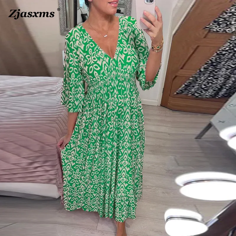 

Spring Retro Geometric Print Boho Maxi Dress Women V Neck High Waist Pleated Commuter Dress Summer Half Sleeve Loose Party Dress