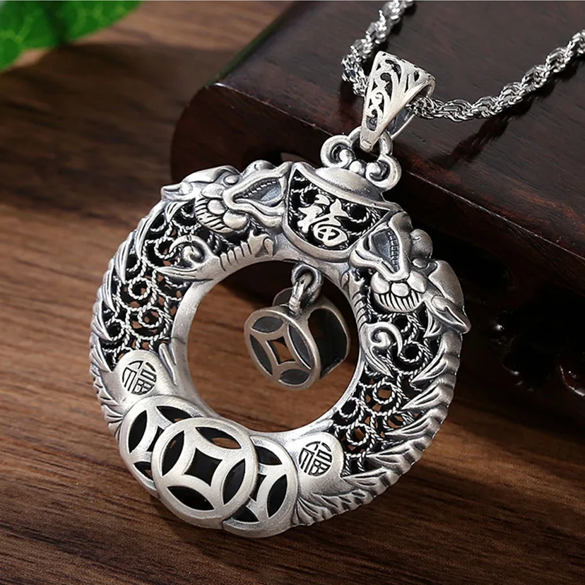 Silver auspicious dragon brings blessings, peace, retro ethnic style, double dragon high-end necklace, men's and women's jewelry