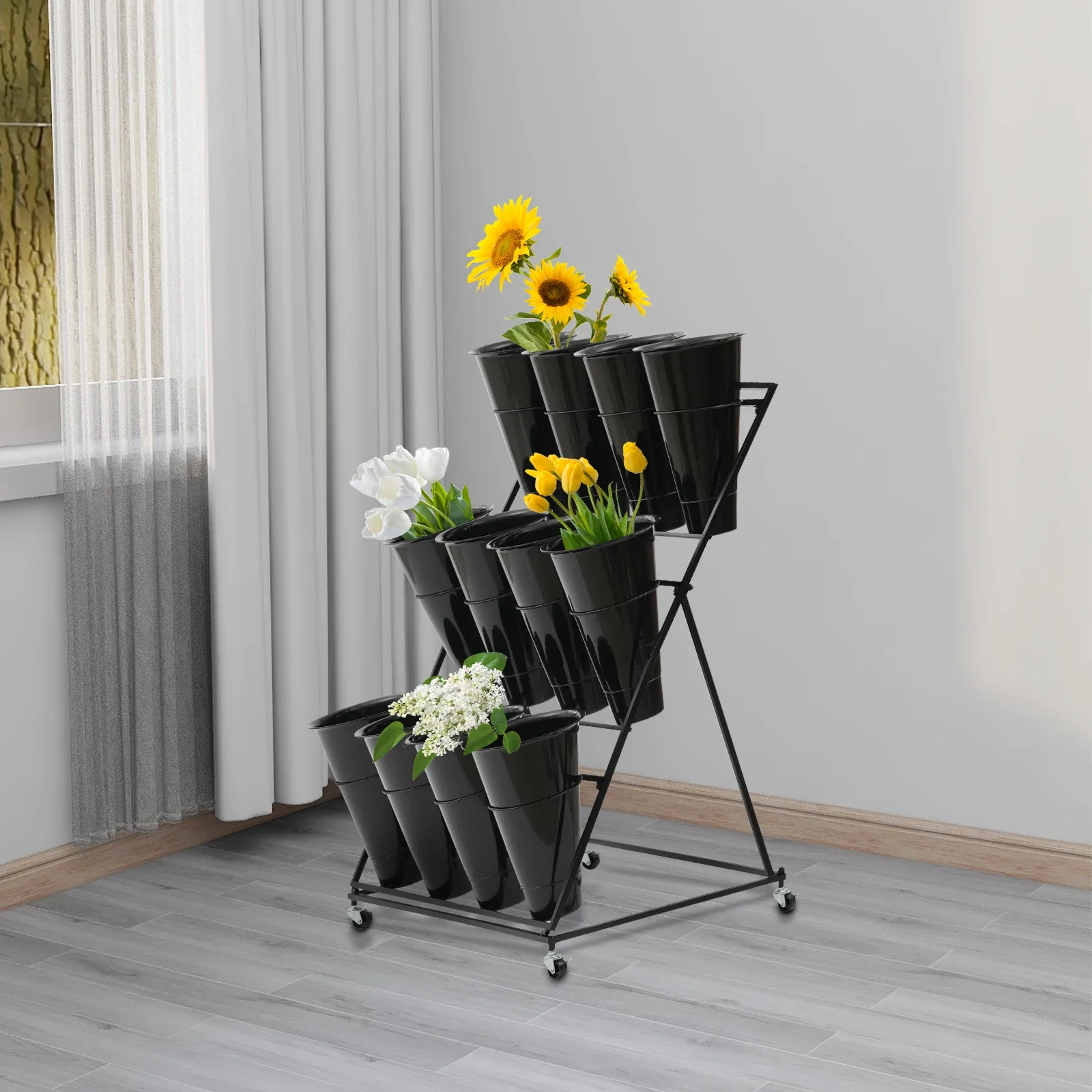 3 Tier Outdoor Indoor Flower Stand Modern Plant Shelf w/ 12* Flower Bucket New