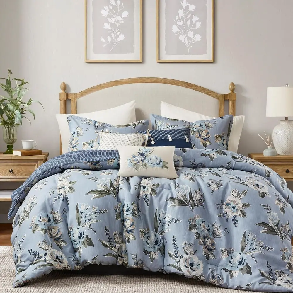 

Vintage Loral Reversible Comforters Queen Size Bed, All Season, Down Alternative Bedding, Bedskirt, Pillows, Shams, 7-Piece Set,