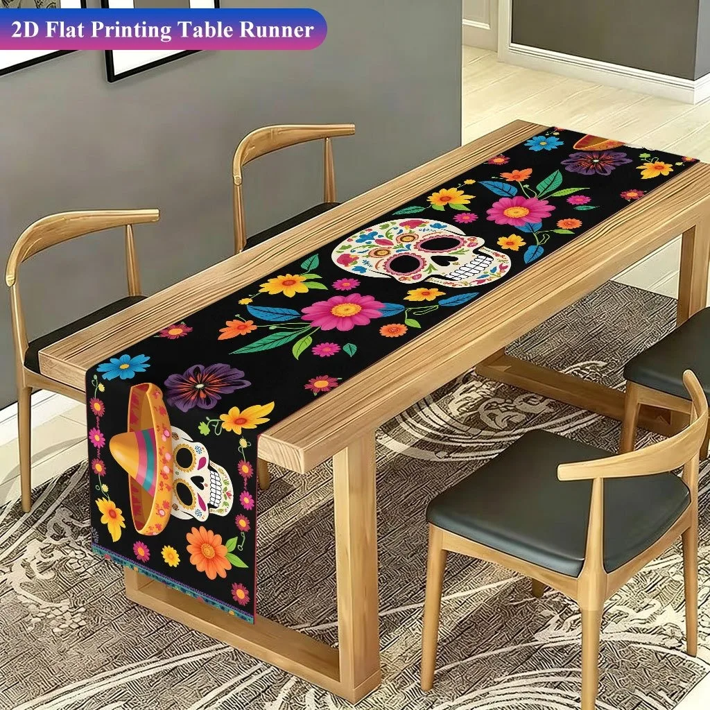 Day Of The Dead Sombrero Sugar Skull Floral Table Runner Mexican Halloween Indoor Kitchen Sideboard Holiday Table Decor Supply view 3