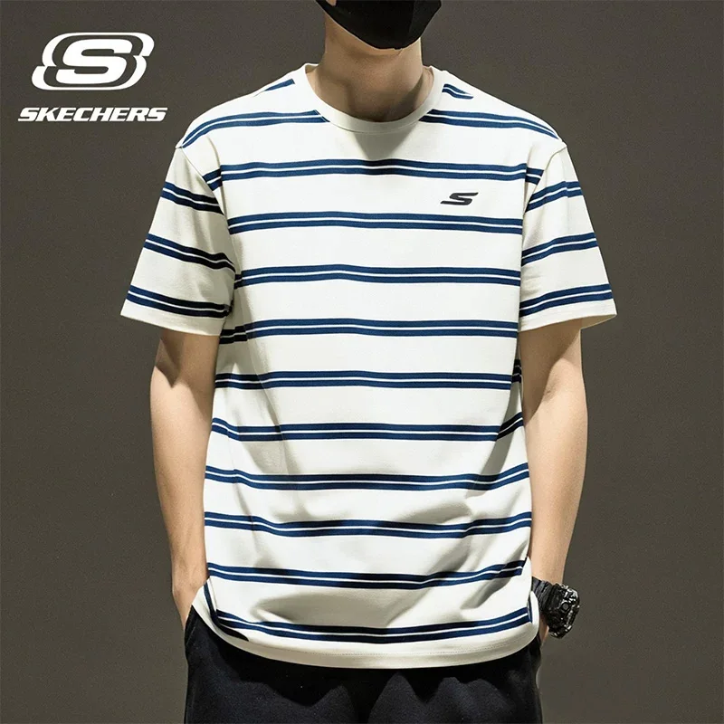 スケッチャーズ-メンズ-レディース-夏-ストライプ-スポーティ-カップル-通気性-半袖-tシャツ-p225u121-0280