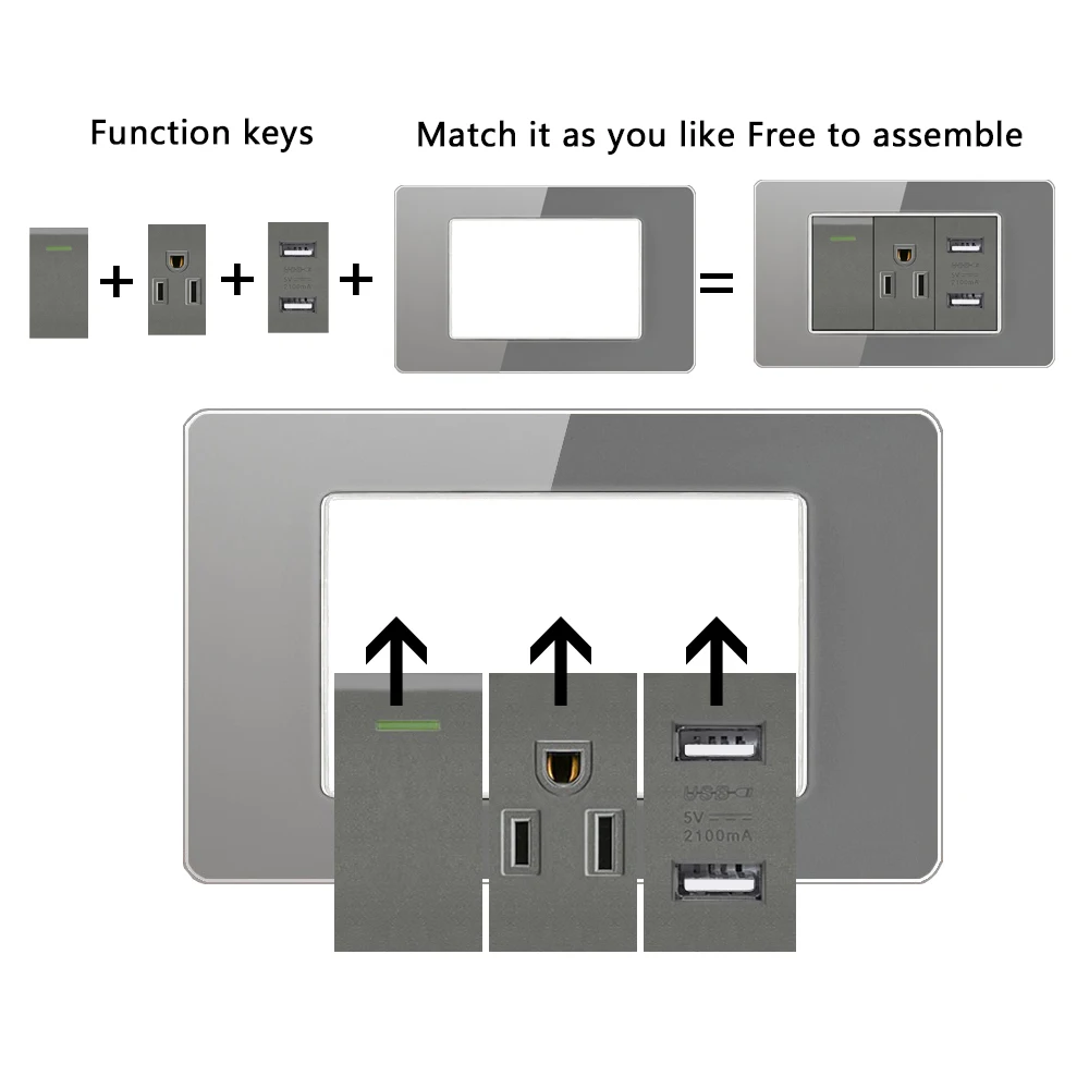 Grey Tempered Glass American USB Type-C 20W Smart Fast Charging Wall Socket Plug,Mexico Thai Dual usb Power Outlet Light Switch