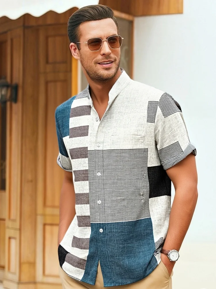

Elegant Work Office Tops Fashion Men's Geometric Patchwork Mandarin Collar Linen-Blend Casual Short Sleeve Shirt Oversized Tunic