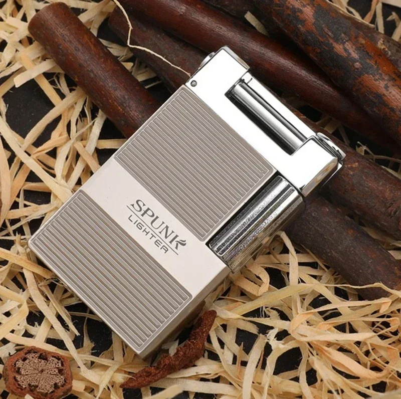 SPUNK-Sand Wheel Metal Lighter, Windproof Cigarette Lighter, Tilt Fire, Men's Series Butane Gas Lighter, Outdoor