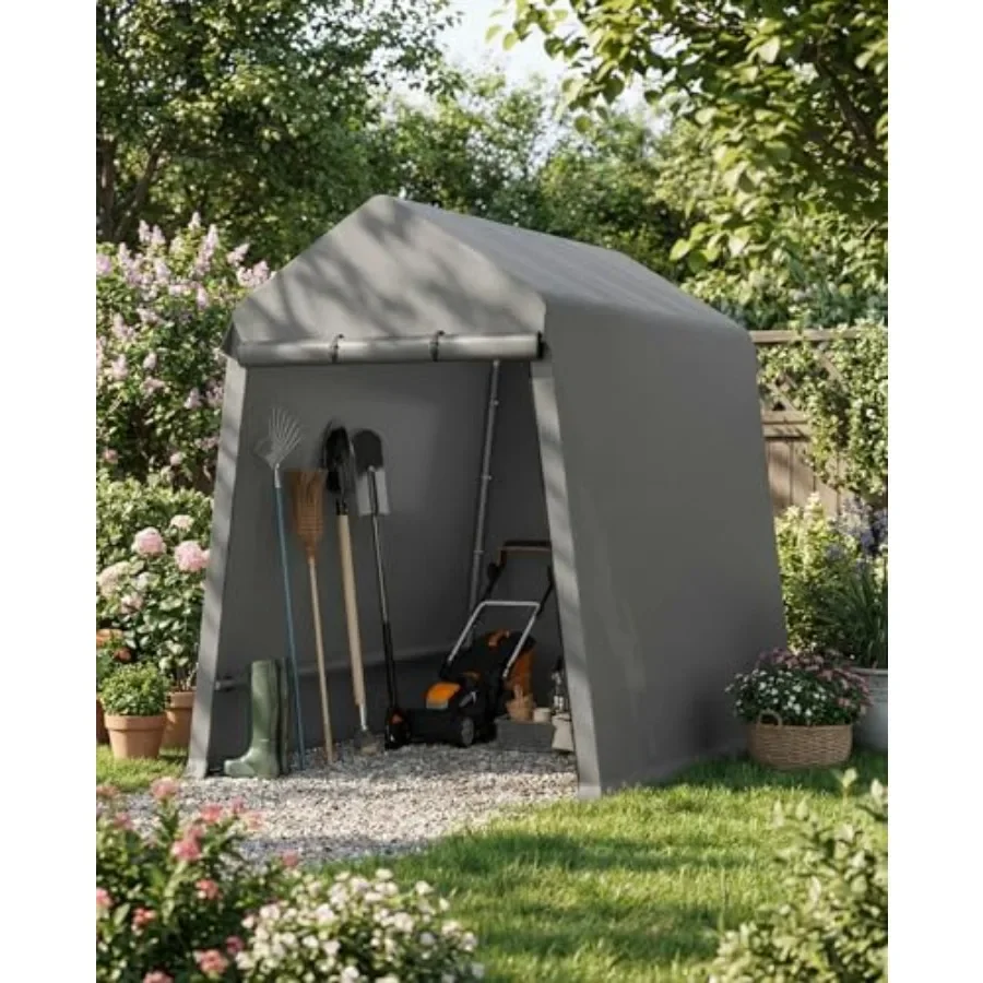 6X8 Feet Outdoor Storage Shed for backyard use, durable polyethylene material, grey color, features 2 rolled up zipper doors fo