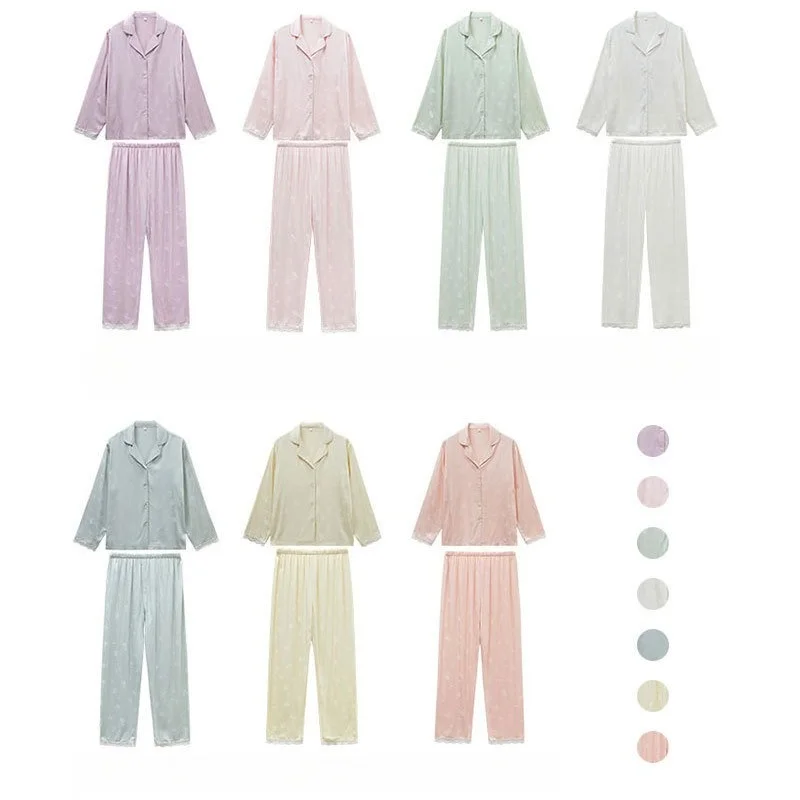 Luxury Viscose Satin Pajama Set. Elegant Jacquard Pattern with Delicate Lace Trim. Silk-Like Softness & Breathable Premium Flowy